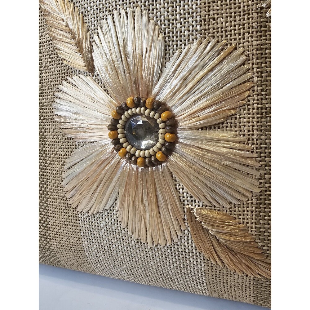 Handmade Woven Raffia Straw Floral Tote Bag with Beaded Rhinestone Accents EUC - Picture 5 of 10